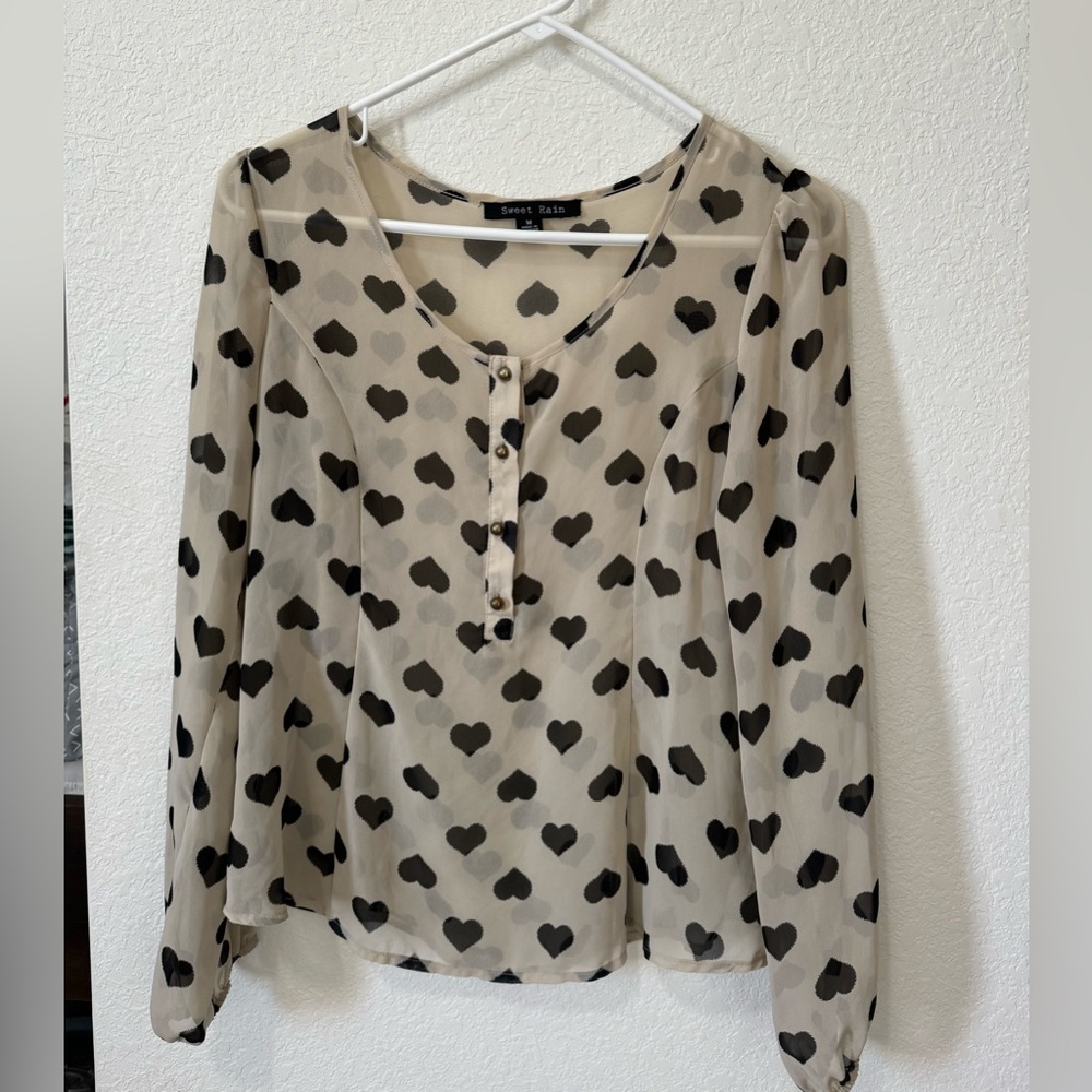 Cream Blouse with Black Heart Pattern